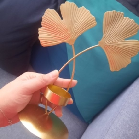 NEW Gold Ginkgo Leaf Candlestick Tealight Candle Holder - Picture 2 of 4